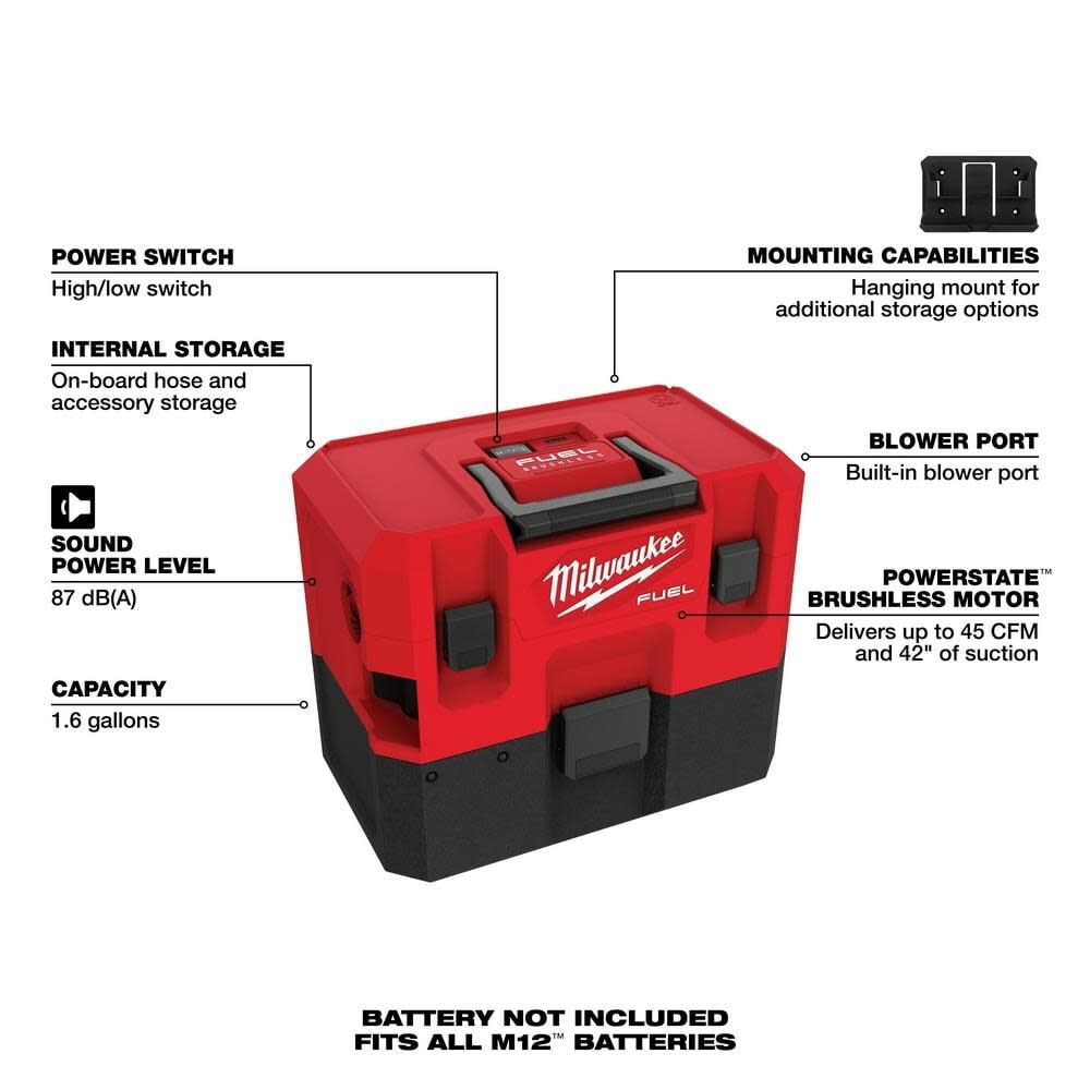 Milwaukee M12 FUEL 1.6 Gallon Wet/Dry Vacuum (Bare Tool), large image number 7