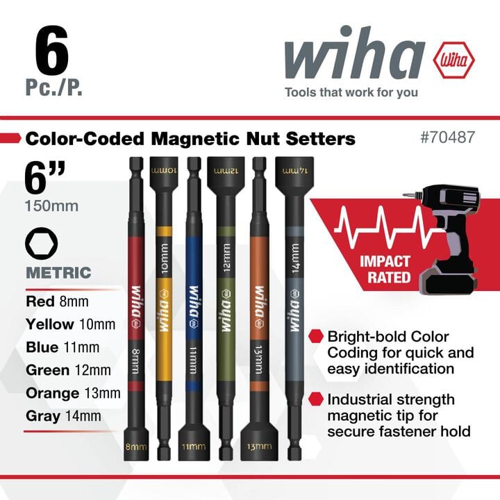 Wiha Nut Setter Color Coded Magnetic Metric Set 6pc, large image number 1