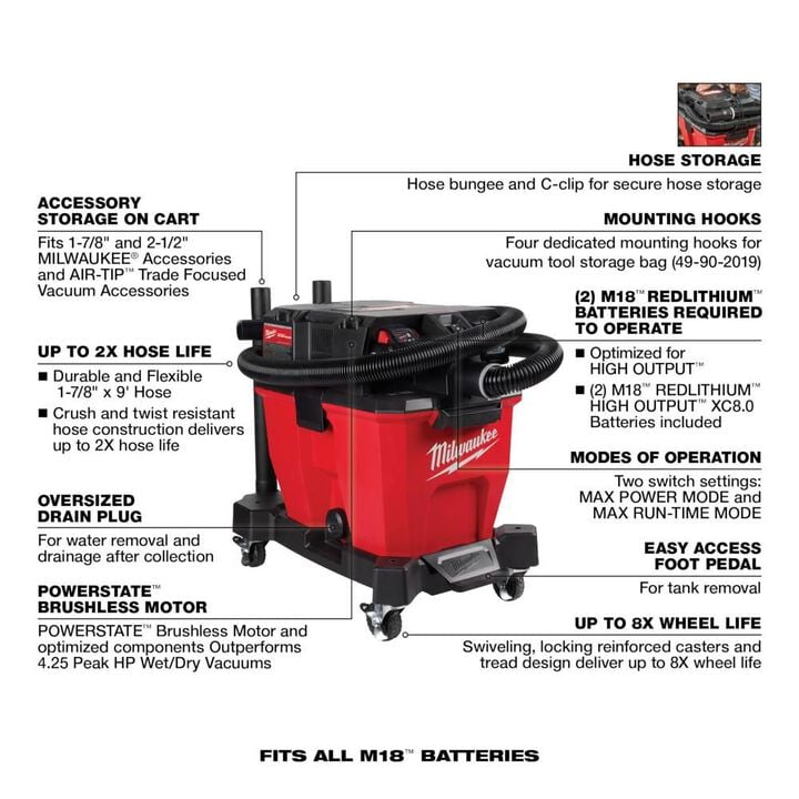 Milwaukee M18 FUEL Vacuum Kit 9 Gallon 36V Wet/Dry, large image number 7