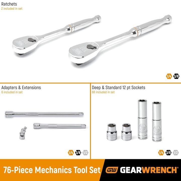 GEARWRENCH 12 Point Standard and Deep SAE/Metric Mechanics Tool Set, 76 Pieces, large image number 1