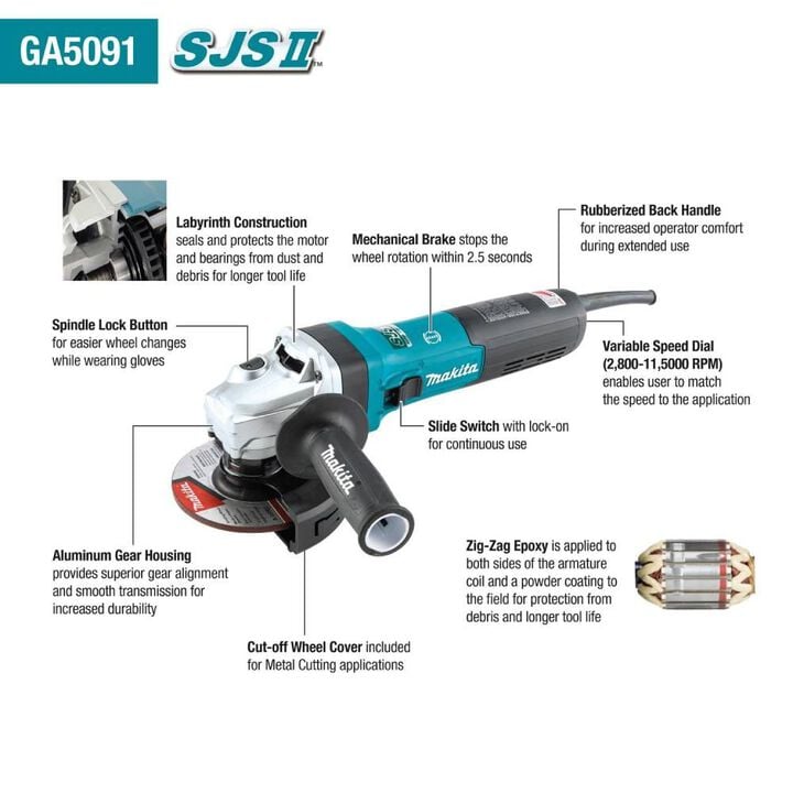 Makita 5 in SJS II High-Power Angle Grinder with Brake, large image number 1