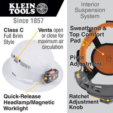 Klein Tools Hard Hat Vented Full Brim with Rechargeable Headlamp White, large image number 1