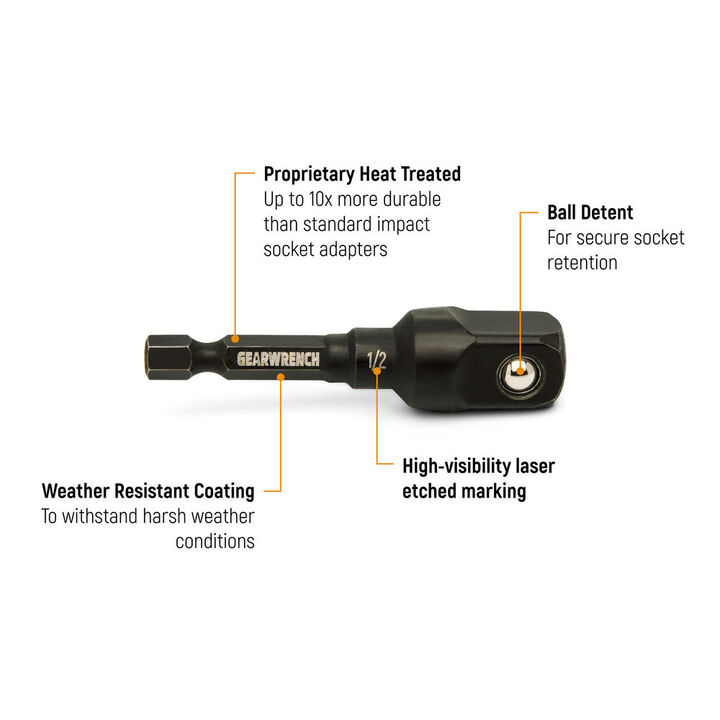 GEARWRENCH 1/4 Inch Hex x 1/2 Inch Square Lineman Impact Adapter, large image number 2