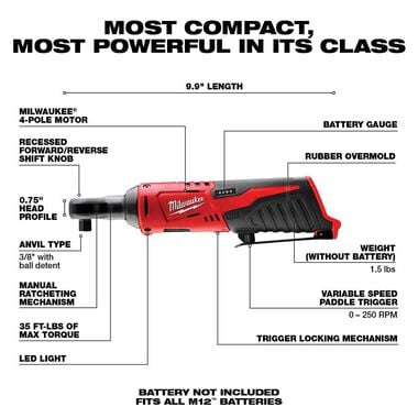 Milwaukee M12 3/8inch Ratchet Cordless Reconditioned (Bare Tool), large image number 1