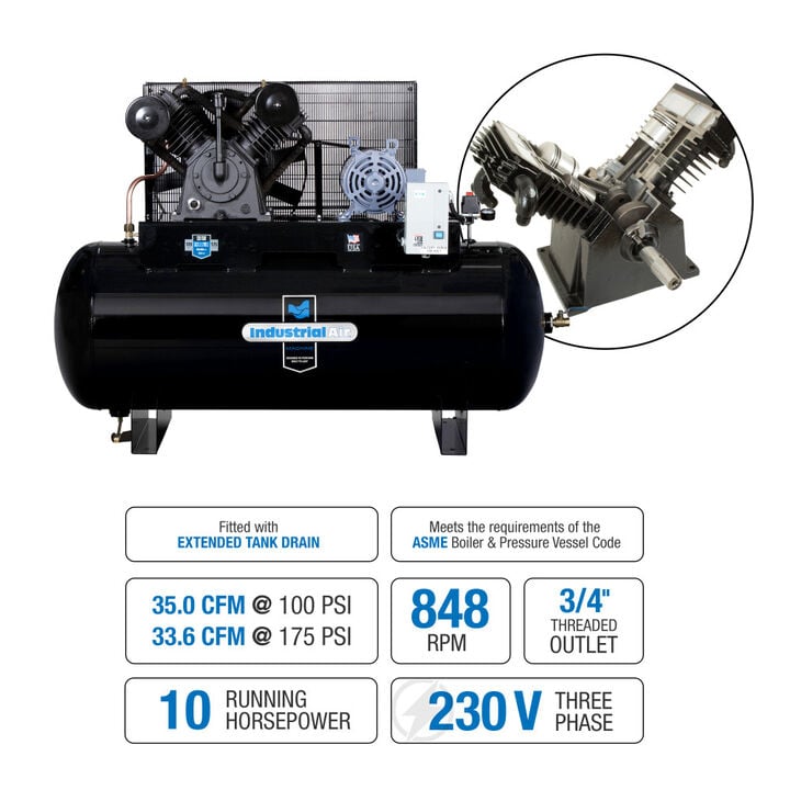 Industrial Air Compressor 10 HP Three Phase 230V 120 Gallon Horizontal Two Stage, large image number 1