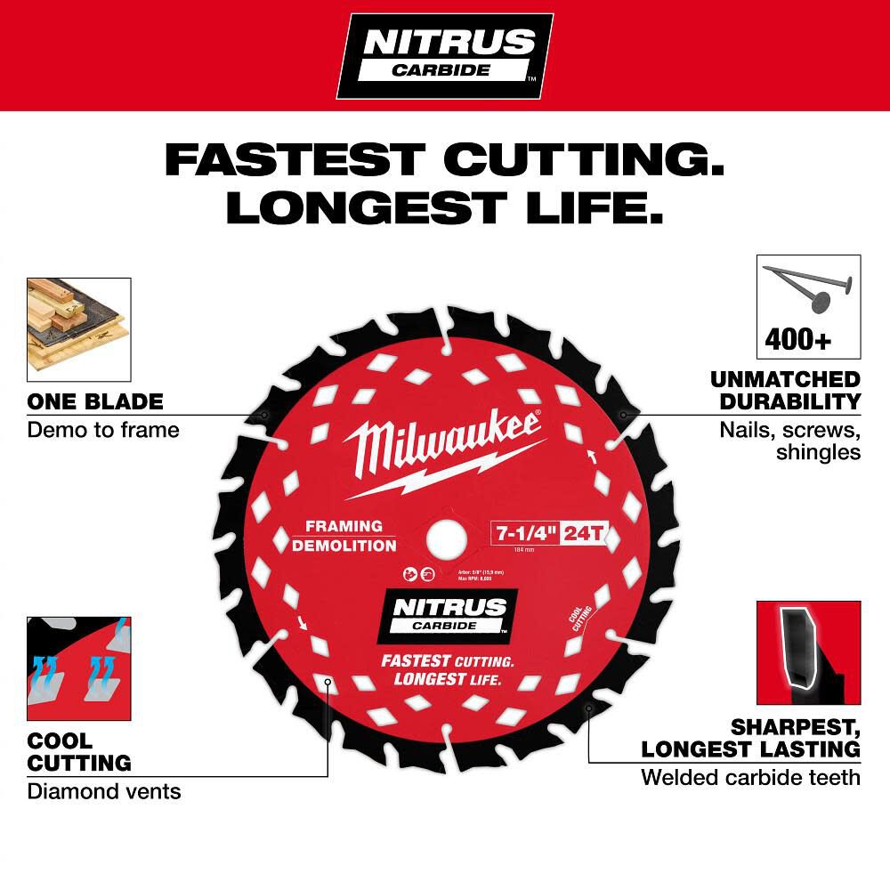Milwaukee 7-1/4 Inch 24T NITRUS Carbide Framing and Demolition Circular Saw Blade, 3 Pieces, large image number 4