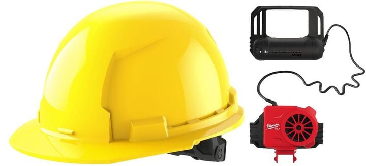 Milwaukee Yellow Front Brim Hard Hat with 6pt Ratcheting Suspension Type 1 Class E & BOLT USB Cooling Fan Bundle