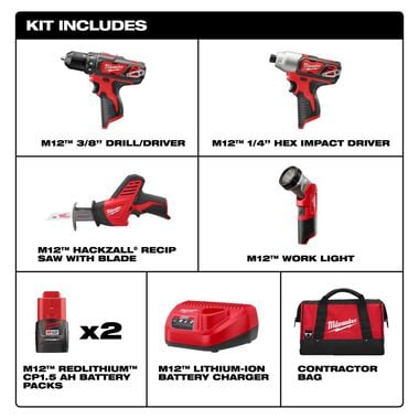 Milwaukee M12 Cordless Lithium-Ion 4 Tool Combo Kit, large image number 11