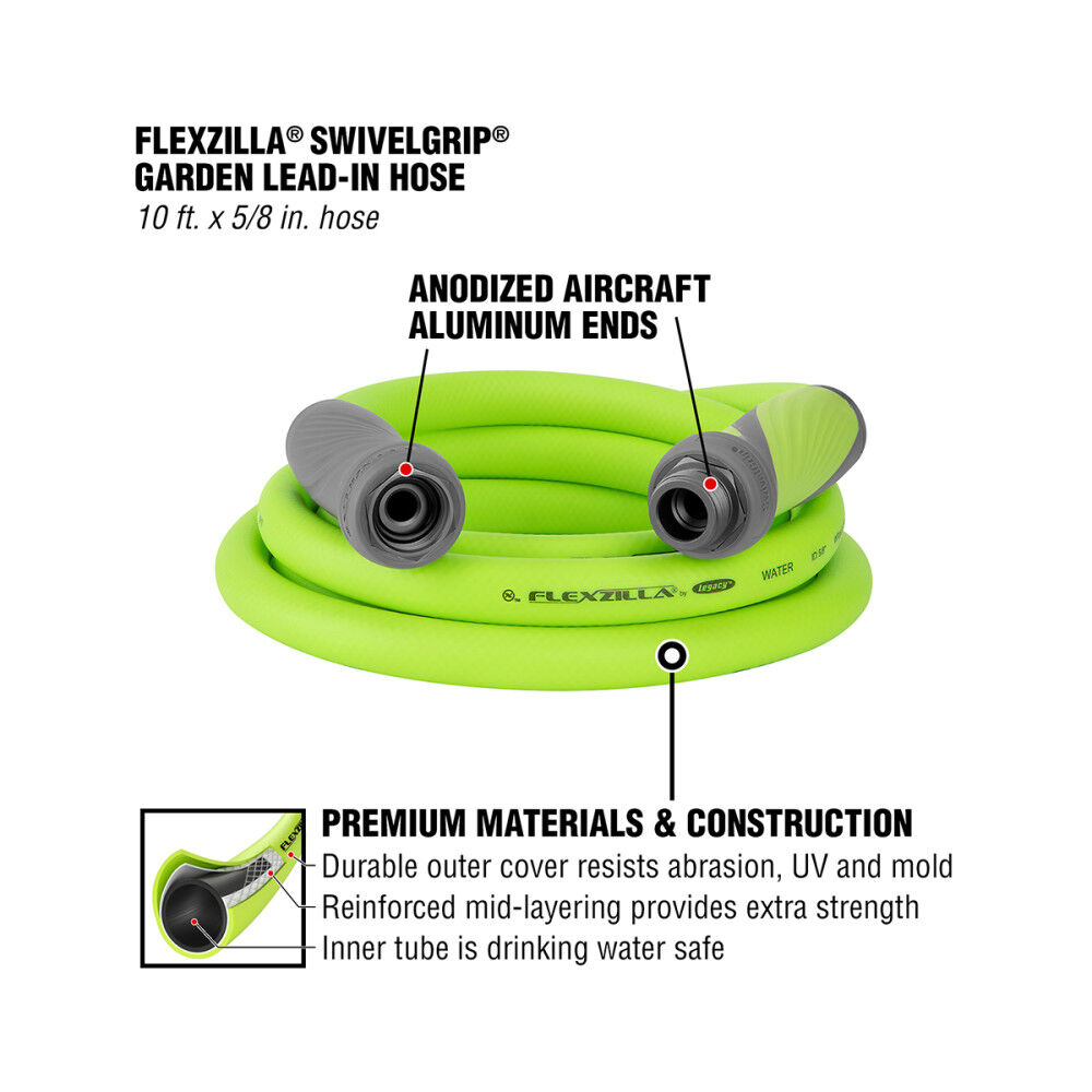 Flexzilla SwivelGrip Garden Lead-in Hose, 5/8 Inch x 10 Feet, 3/4 Inch - 11 1/2 GHT Fittings, ZillaGreen, large image number 2