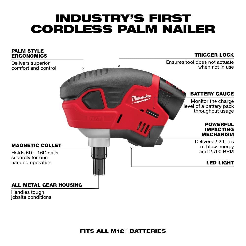 Milwaukee M12 Cordless Lithium-Ion Palm Nailer Kit, large image number 3