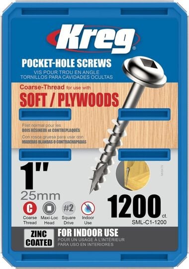 Kreg Pocket Screws - 1in #8 Coarse Washer-Head 1200ct.