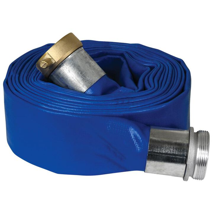 Apache Hose 1-1/2 Inch x 25 Ft. Blue PVC Lay Flat Discharge Hose with Pin Lug Fittings