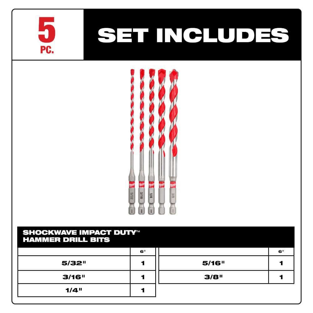 Milwaukee 5 pc SHOCKWAVE Carbide Hammer Drill Bit Kit, large image number 2