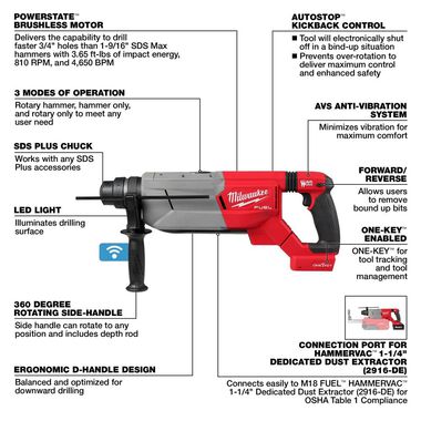 Milwaukee M18 FUEL 1 1/4inch SDS Plus D Handle Rotary Hammer  (Bare Tool)with ONE KEY, large image number 6