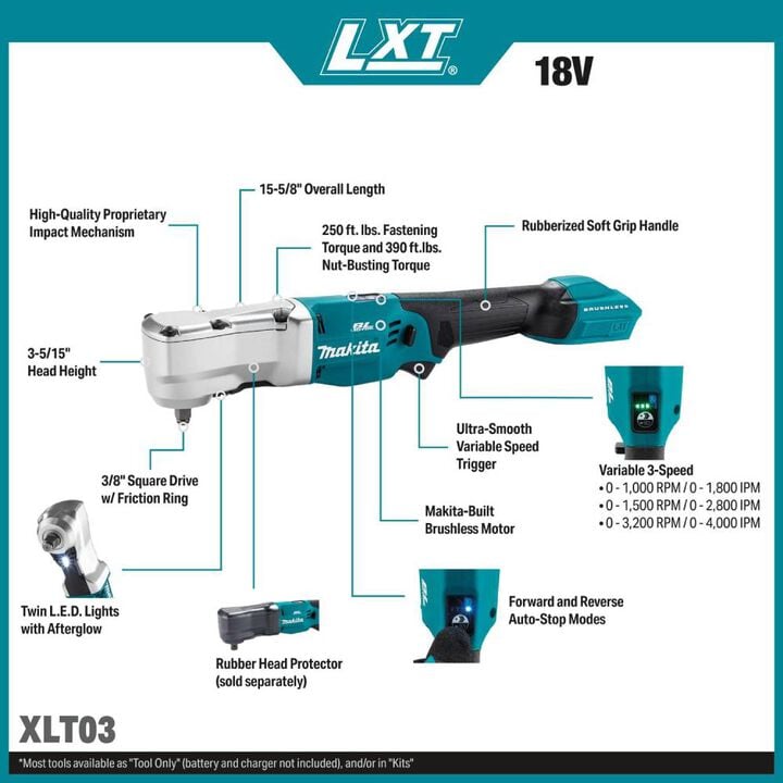 Makita 18V LXT Lithium-Ion Brushless Cordless High Torque 3/8 Inch Square Drive Angle Impact Wrench with Friction Ring (Bare Tool), large image number 1