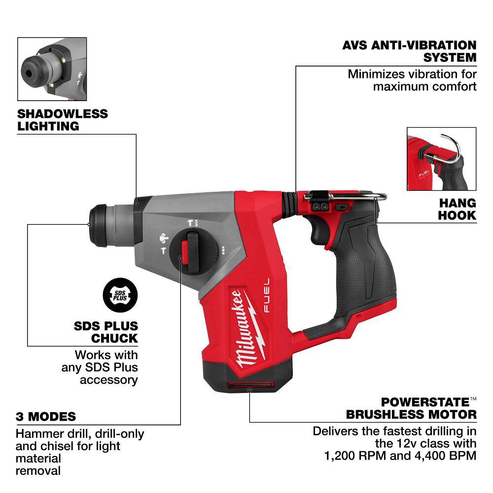 Milwaukee M12 Fuel 5 8 Inch Sds Plus Rotary Hammer Bare Tool 2508 20 - Image 3