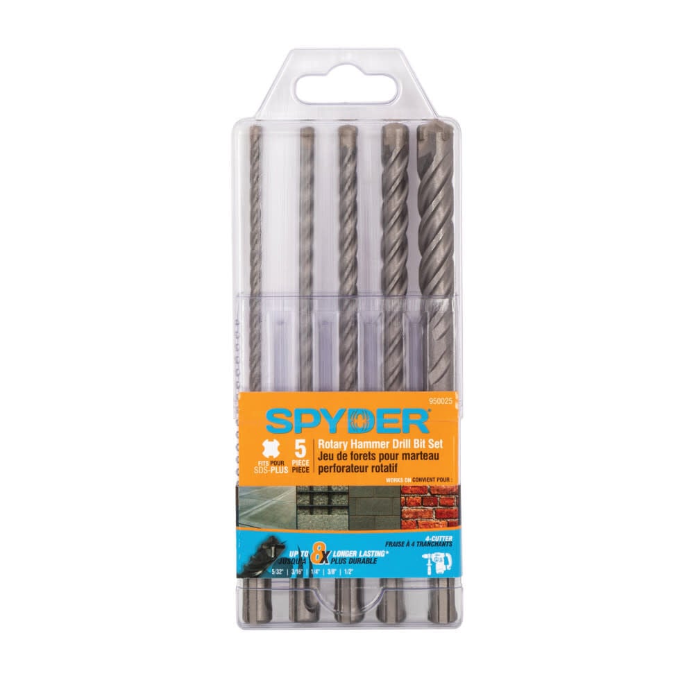 Spyder 6 Inch SDS-Plus Rotary Hammer Drill Bit Set, Carbide-Tipped, 5 Pieces - 950025