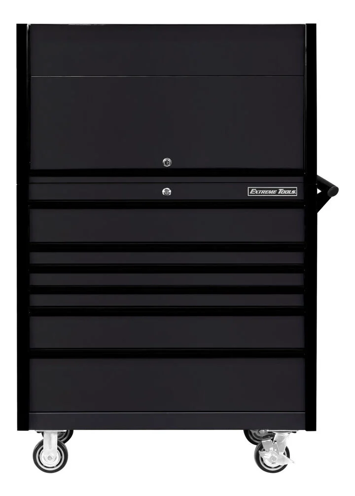 Extreme Tools DX Series 41 Inch W x 25 Inch D Extreme Power Workstation Hutch and 6 Drawer Roller Cabinet Matte Black with Black Handles and Trim, large image number 0