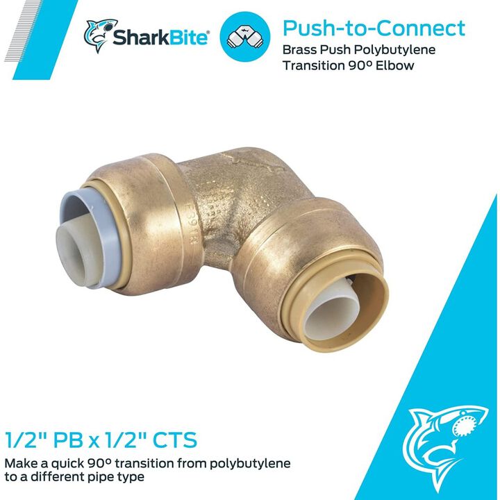 Sharkbite 1/2in PB x 1/2in CTS Brass 90 Deg Transition Elbow, large image number 1