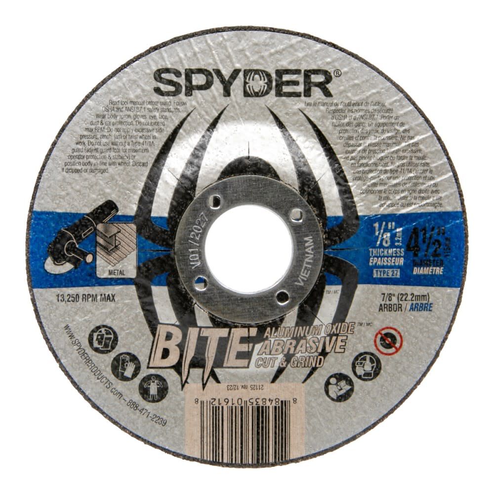 Spyder 4.5 Inch Alum Oxide Grinding Wheel, Type 27, 7/8 Inch Arbor, 1/8 Inch Thick, large image number 1