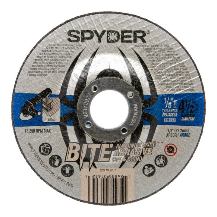 Spyder 4.5 Inch Alum Oxide Grinding Wheel, Type 27, 7/8 Inch Arbor, 1/8 Inch Thick