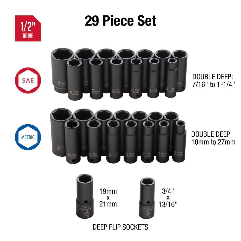 Sunex 29 pc. 1 2 In. Dr. SAE Metric Double Deep Impact Socket