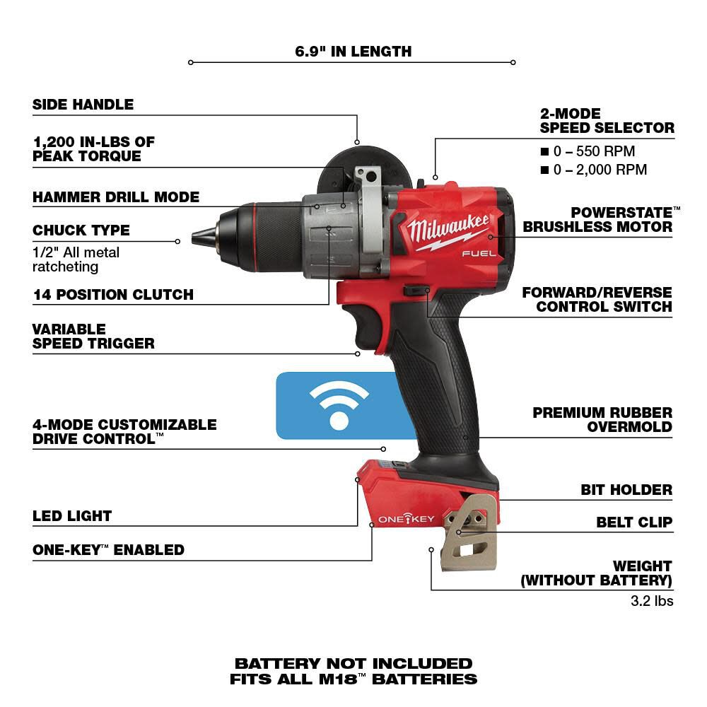 Milwaukee M18 FUEL 1 2 in. Hammer Drill with One Key Bare Tool