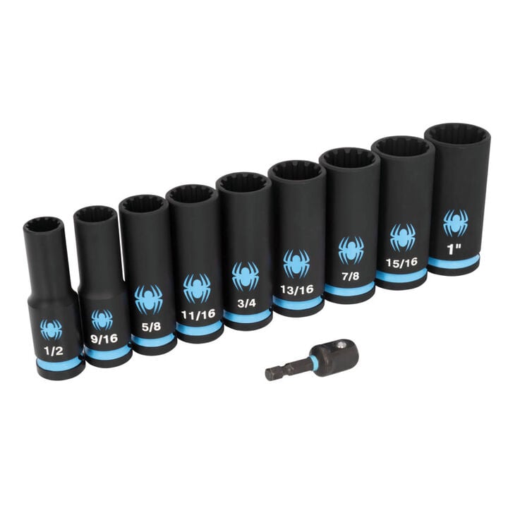 Spyder 1/2 Inch Drive SAE Deep Impact Socket Set with Adapter, 10 Pieces