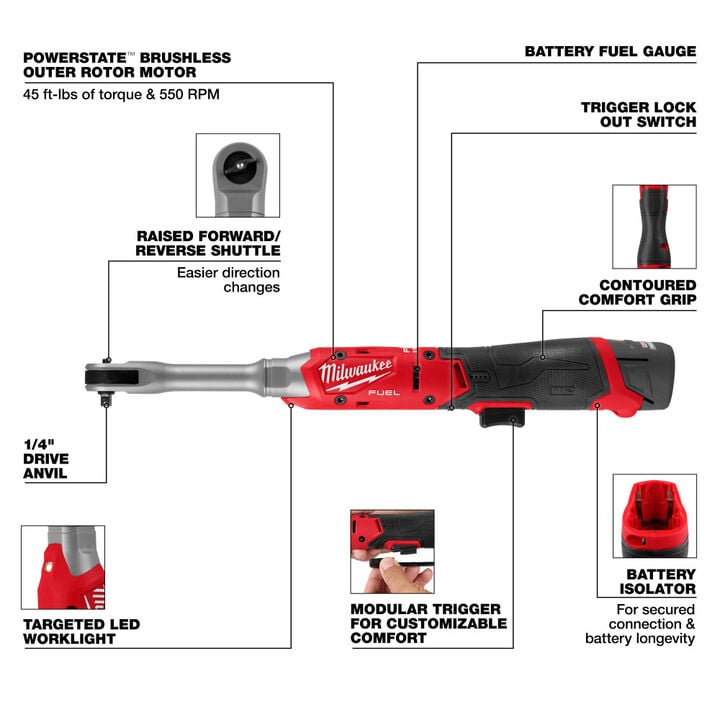 Milwaukee M12 FUEL 1/4 Inch Extended Reach Ratchet Kit, large image number 3
