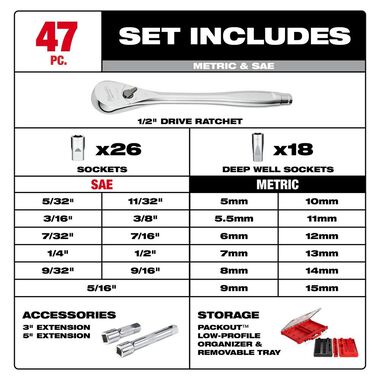 Milwaukee 1/2in Drive Ratchet & Socket Set with PACKOUT Organizer 47pc, large image number 5