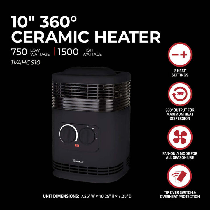 VisionAir 10 In. 750/1500W 5118 Btu 161 Sq-Ft. 360 degree Ceramic Heater, large image number 2