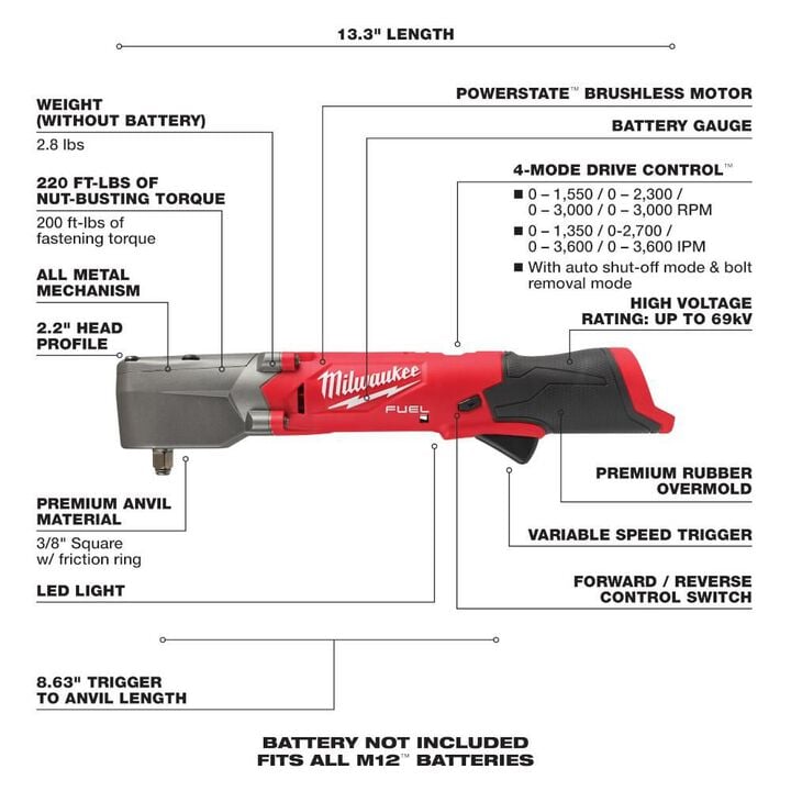 Milwaukee M12 FUEL 3/8inch Right Angle Impact Wrench (Bare Tool), large image number 6