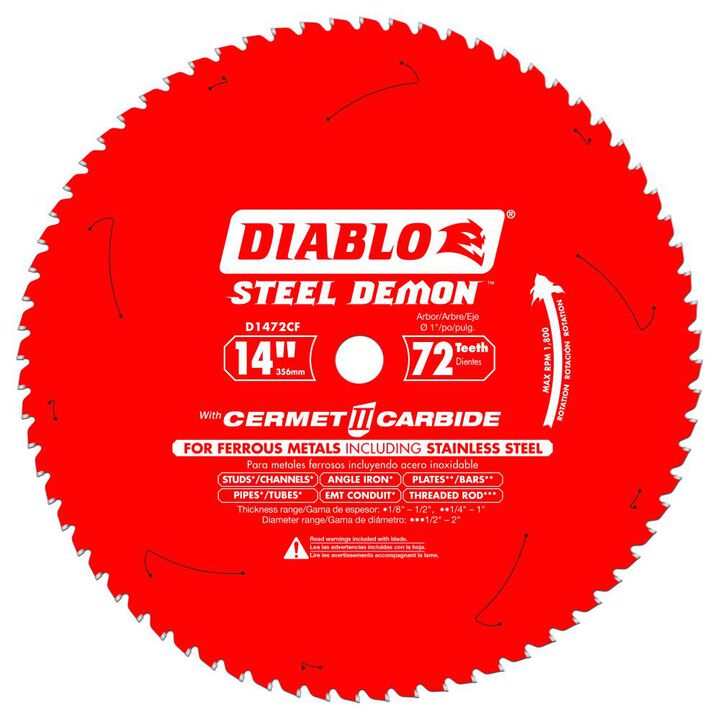 Diablo Tools 14 inch x 72 Tooth TCG Cermet II Steel Demon Medium Metal & Stainless Cutting 1800RPM Chop Saw Blade with 1 inch Arbor