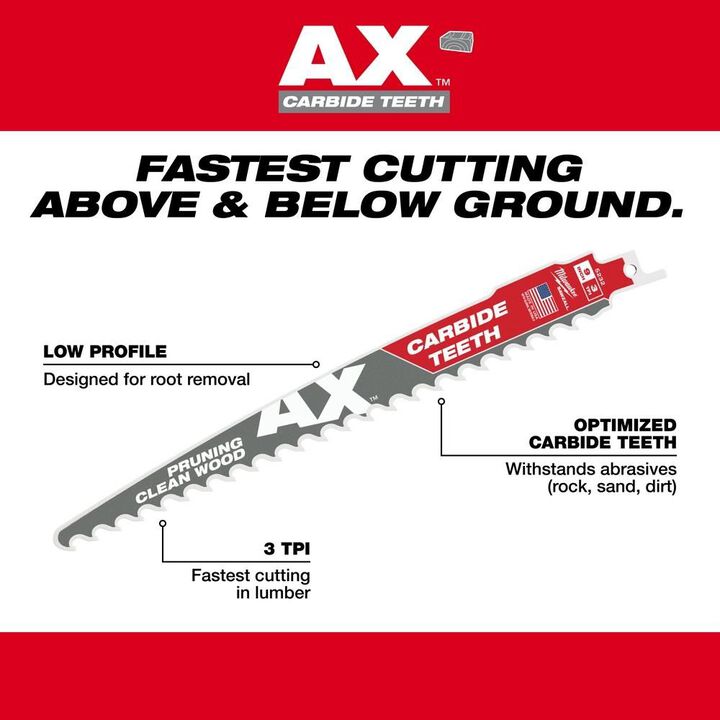 Milwaukee 12inch 3 TPI The AX with Carbide Teeth for Pruning & Clean Wood SAWZALL Blade 3PK, large image number 5