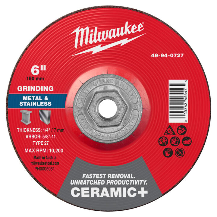 Milwaukee 6 Inch x 1/4 Inch x 5/8 Inch-11 Ceramic+ Metal Grinding Wheel Type 27