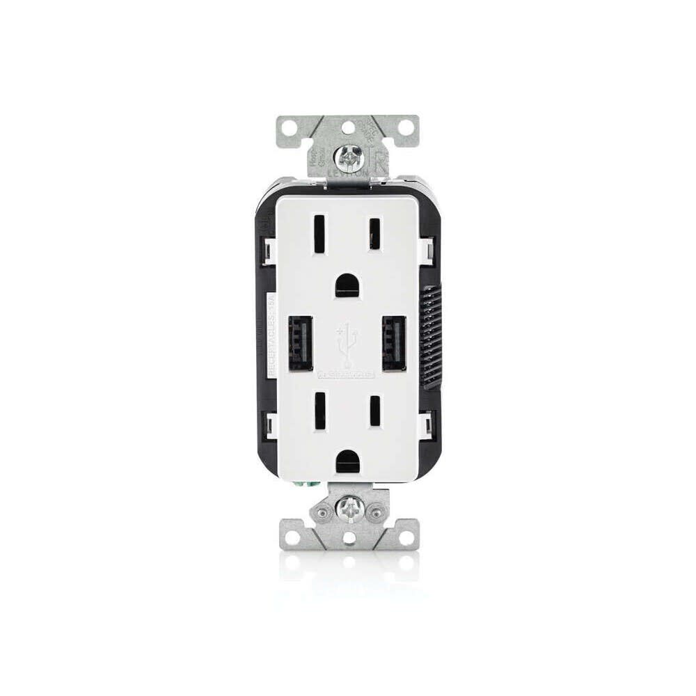 Leviton Decora 15A 125V White Outlet Receptacle & USB Charger, large image number 2