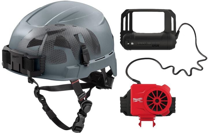 Milwaukee BOLT Gray Safety Helmet with IMPACT ARMOR Liner Type 2 Class E & USB Cooling Fan Bundle