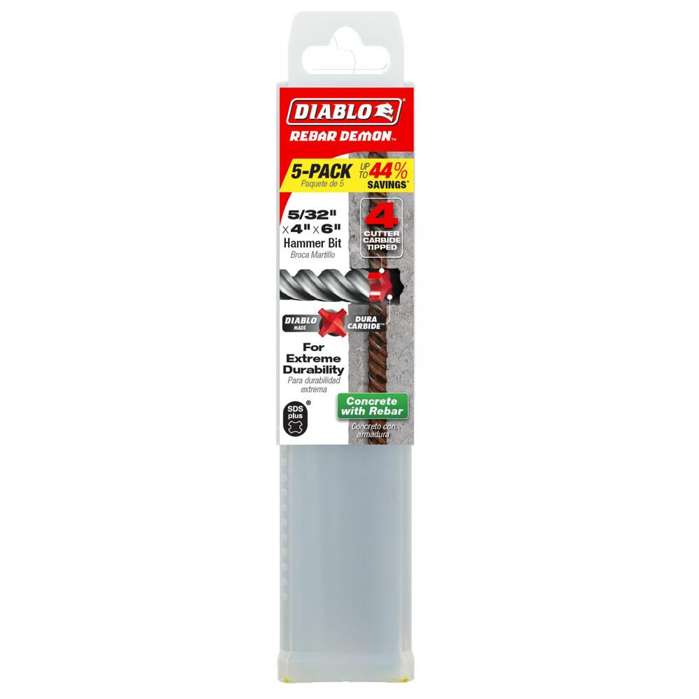 Diablo Tools 5/32 Inch x 4 Inch x 6 Inch Rebar Demon SDS-Plus 4 Cutter FCH Hammer Bit 5 Pieces - DMAPL4020-P5P