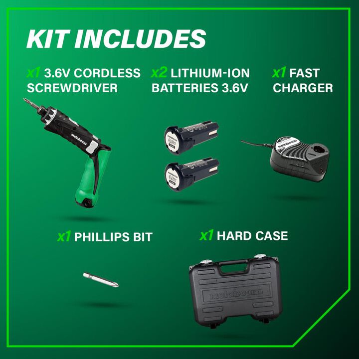 Metabo HPT 3.6V 1/4 Inch Hex Drive Screwdriver, 1.5 Ah Li-Ion, 44 in/Lbs Torque, 2 Batteries & 2pk Magnetic Driver Bits No. 2 Square Bundle, large image number 6