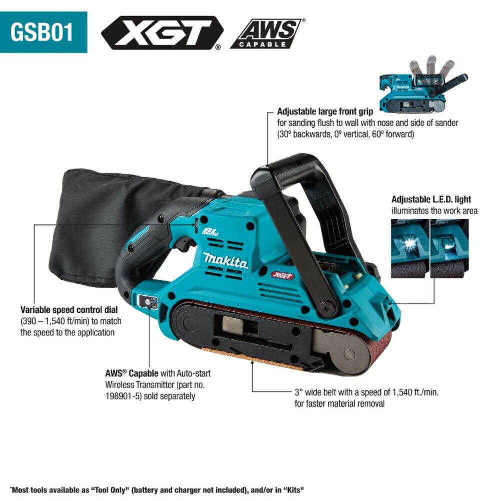 Makita 40V max XGT Brushless Cordless 3 Inch x 21 Inch Belt Sander (Bare Tool) 150 Grit Abrasive Belt (10 Pack) & 4Ah Battery Bundle, large image number 2