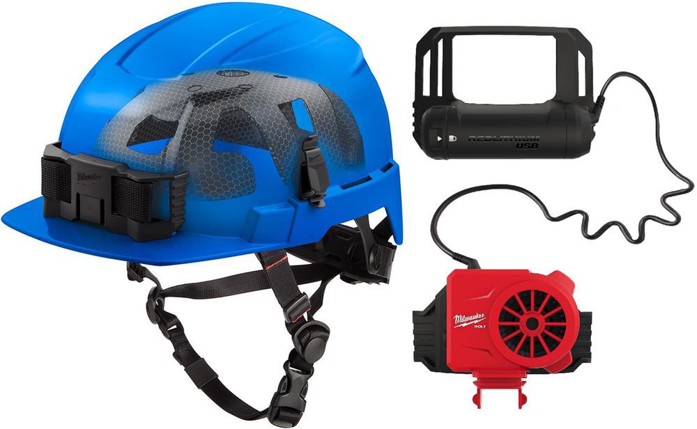 Milwaukee BOLT Blue Front Brim Safety Helmet with IMPACT ARMOR Liner Type 2 Class E & USB Cooling Fan Bundle - MIL000011821