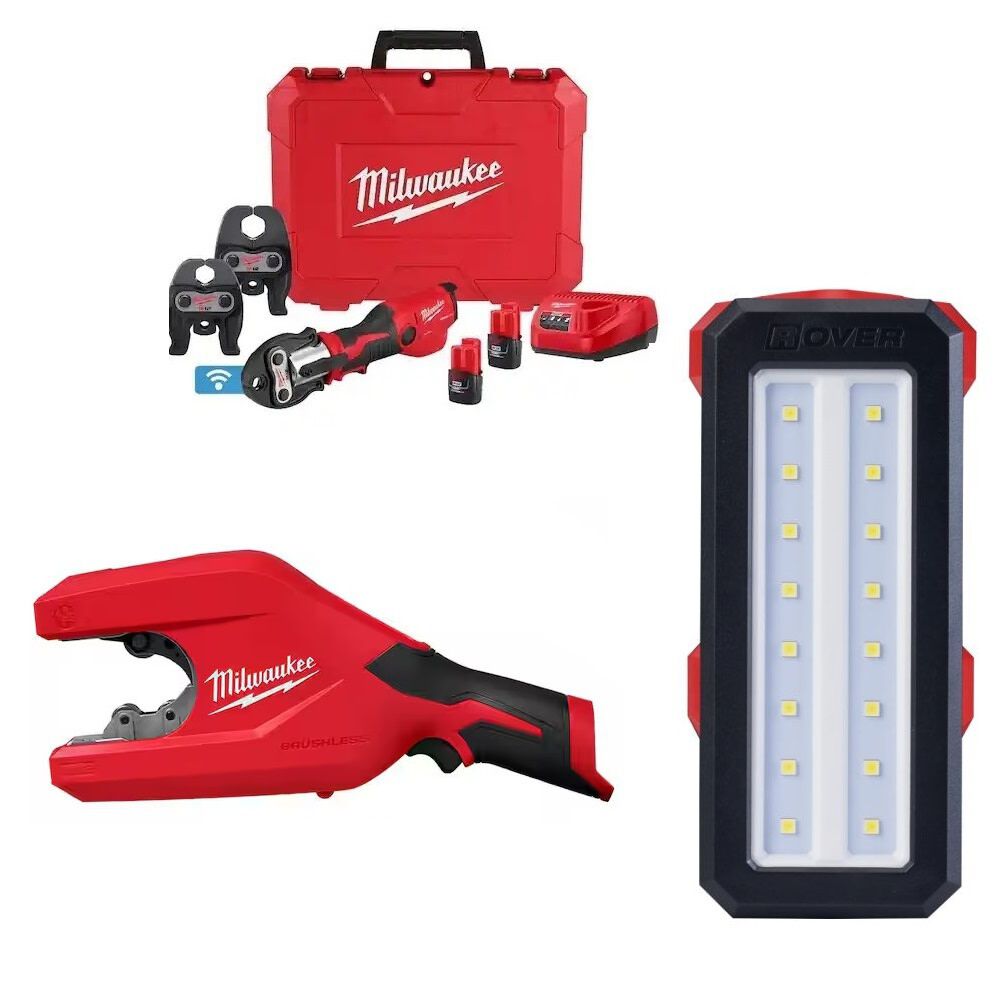 Milwaukee M12 Press Tool with 1/2 - 1 Inch Jaws Kit with Cutter Tubing Cutter (Bare Tool) and Repair Flood Light (Bare Tool) Bundle, large image number 1