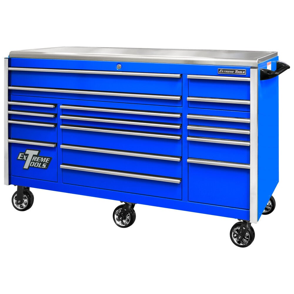 Extreme Tools 72in Blue Roller Cabinet with Chrome Drawer Pulls – EX7217RCQBLCR