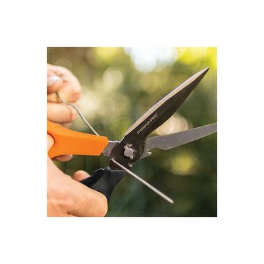 Fiskars Multipurpose Garden Pruning Shears includes Power Notch to Cut  Rope, Awl Tip to Pierce, Bottle Opener, Titanium Knife with Sheath/ Tape  Cutter/ Ceramic Scissors Sharpener