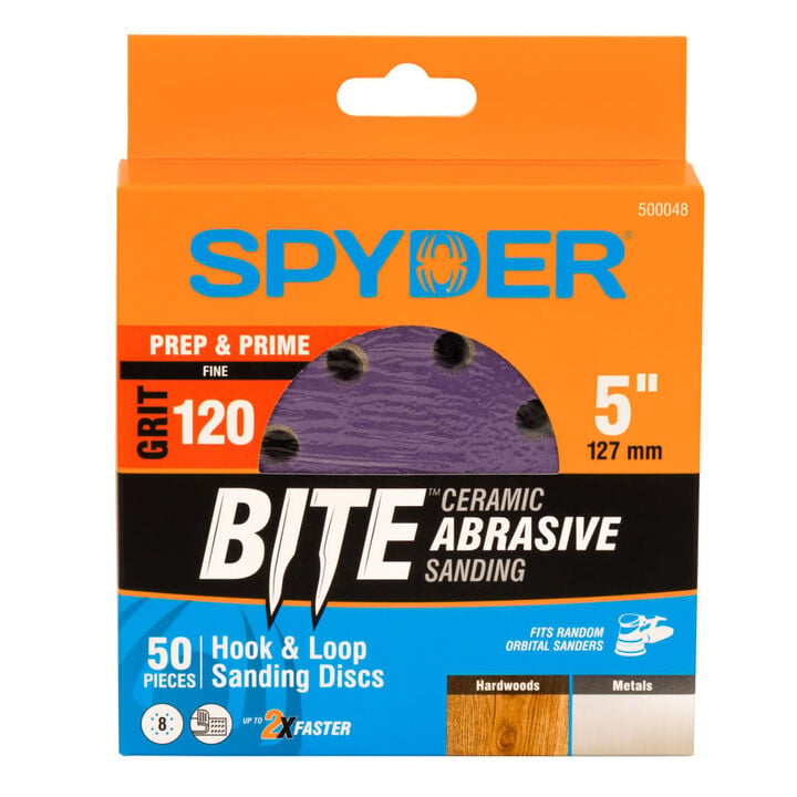 Spyder 120 Grit Ceramic Sanding Discs, 5 Inch 8-Hole Hook & Loop 50 Pieces