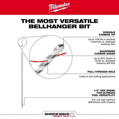 Milwaukee 1/4 Inch x 16 Inches x 18 Inches SHOCKWAVE Carbide Bellhanger Multi-Material Bit, large image number 3