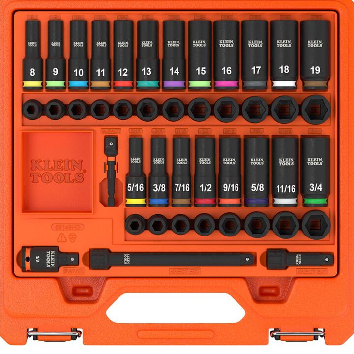 Klein Tools KNECT 3/8 Inch Deep and Shallow Impact Socket Set SAE and Metric 44 Pieces