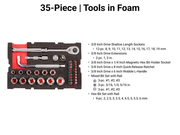 Tekton 3/8 Inch 6 Point Socket, Bit, and Ratchet Set with Stacking Organizer, 35 Pieces, large image number 1