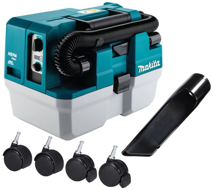 Makita 40V Max XGT Brushless Cordless 2 Gallon HEPA Filter Wet Dry Dust Extractor Vacuum (Bare Tool) Wheel Set & 7 Inch Crevice Nozzle Bundle