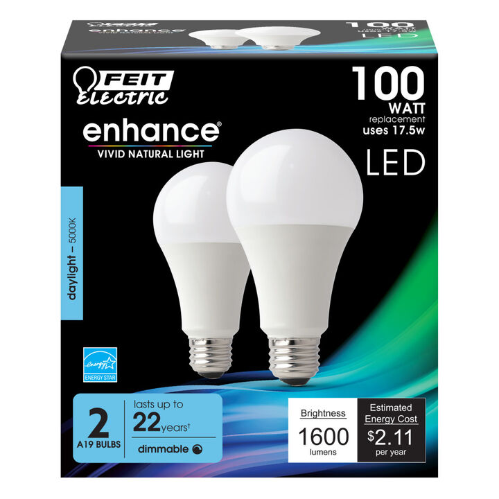 Feit Electric 100W A19 5000K Dimmable Enhance LED Bulb 2pk, large image number 1